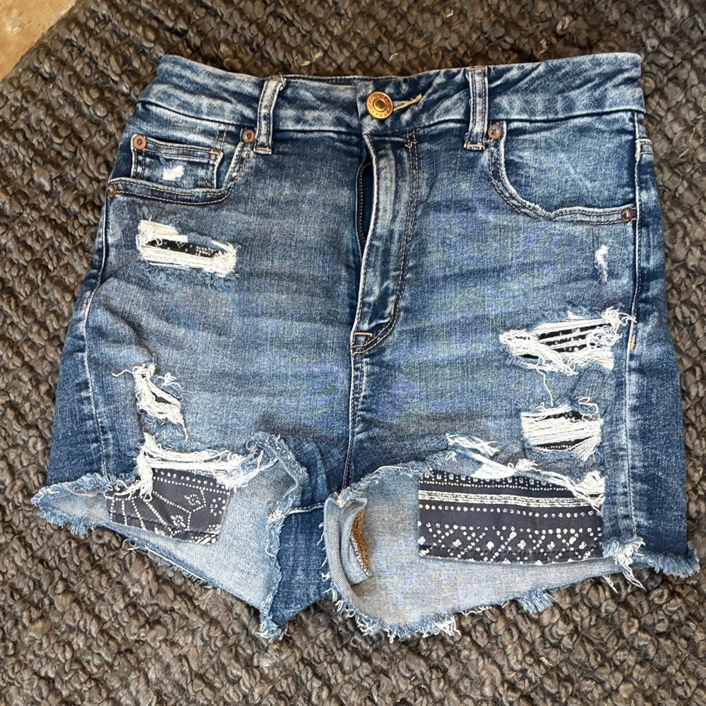 American Eagle Outfitters Distressed Blue Denim Shorts with Bandana Patch